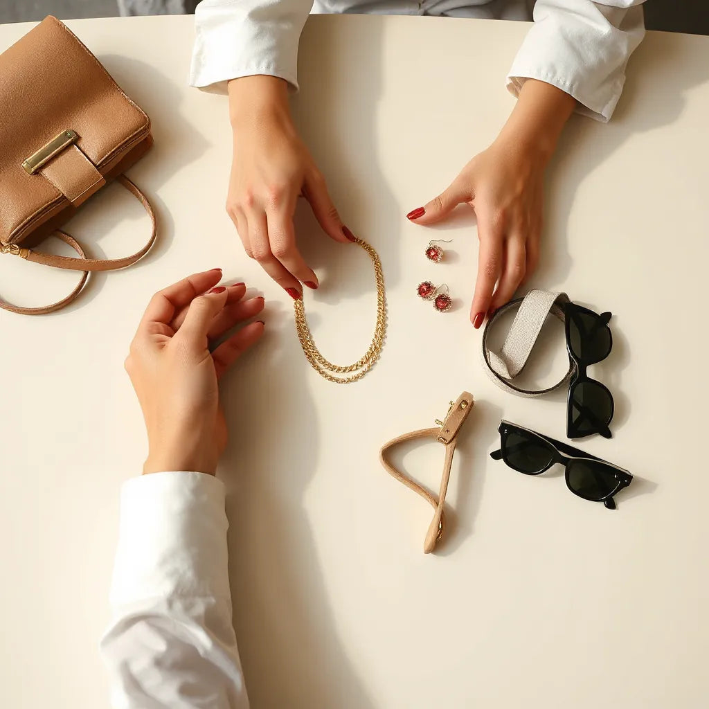 Layered jewelry, handbag, belt, earrings, and sunglasses styled on a minimalist tabletop