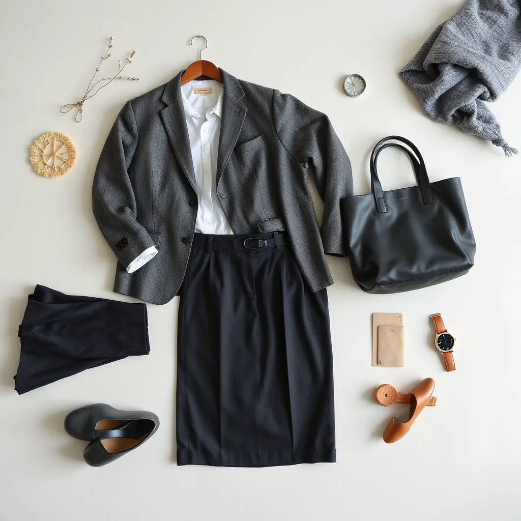 Neatly arranged wardrobe staples like blazer, shirt, knit sweater, trousers, and a tote bag on a light background