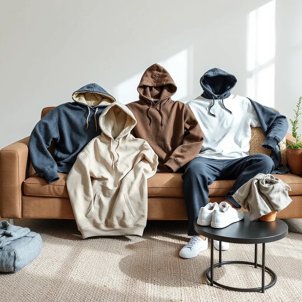 Layered casual hoodies in neutral tones arranged in a bright living room setting