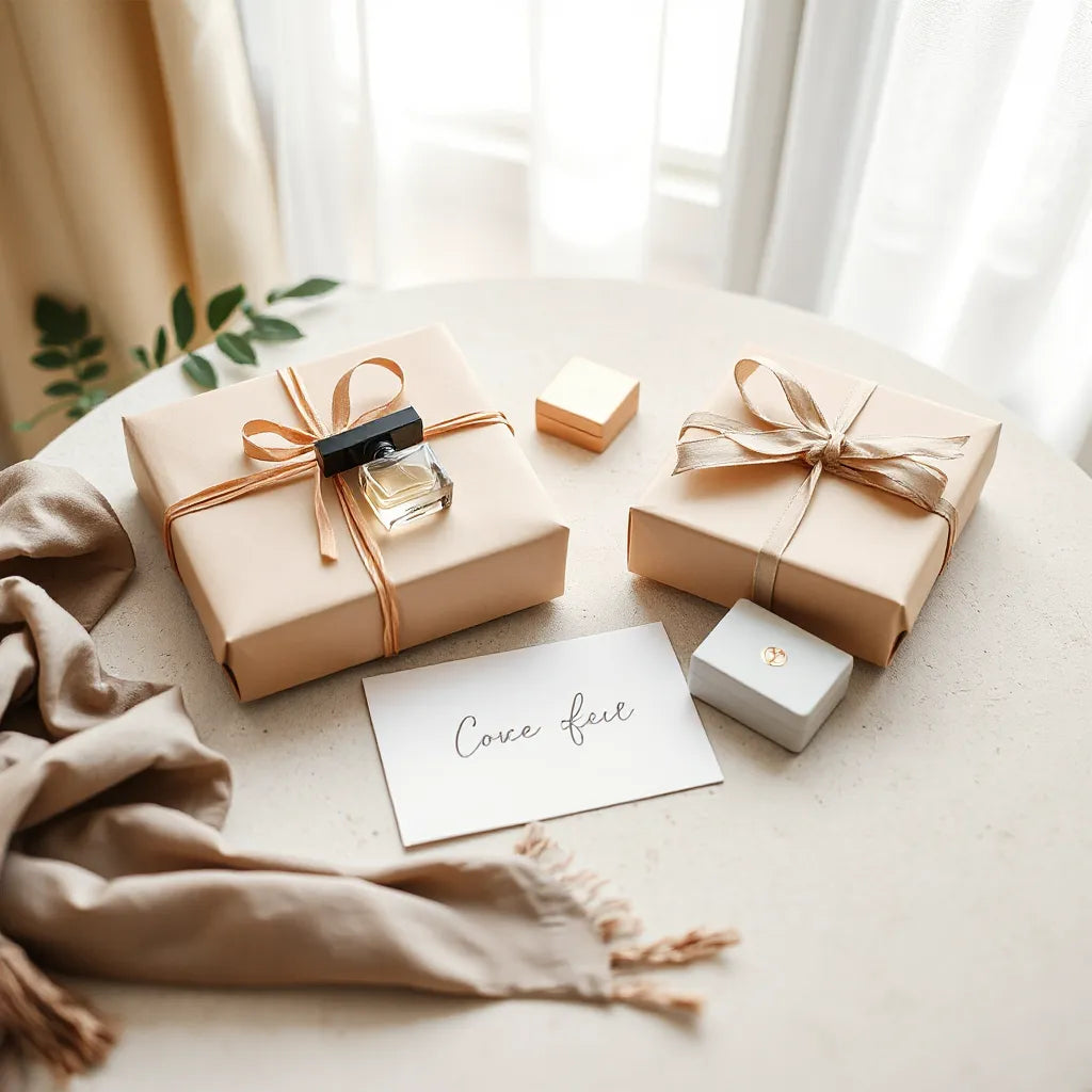 Elegant wrapped gifts and accessories on a neutral table with soft natural light
