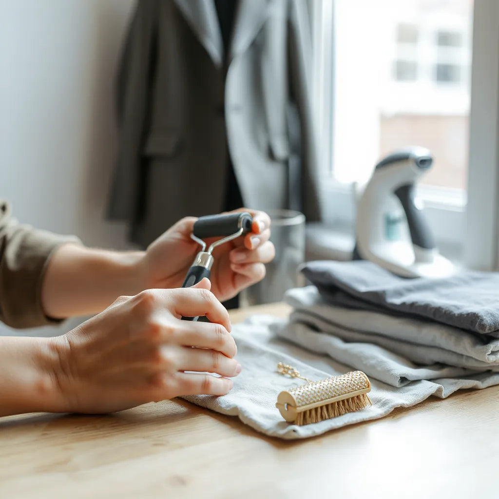 Hands using a lint roller and fabric brush beside neatly folded clothing for a crisp, polished finish