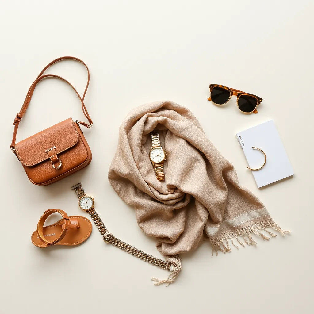 Curated women’s accessories arranged on a neutral background: bag, watch, earrings, scarf, belt, sunglasses, sandals