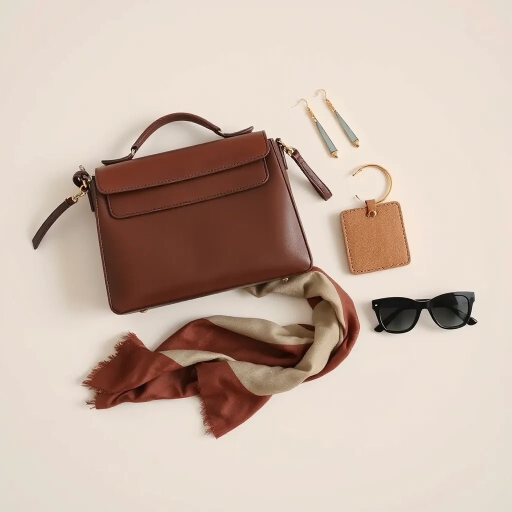 Minimal handbag, gold jewelry, belt, silk scarf, and sunglasses arranged for a chic outfit look
