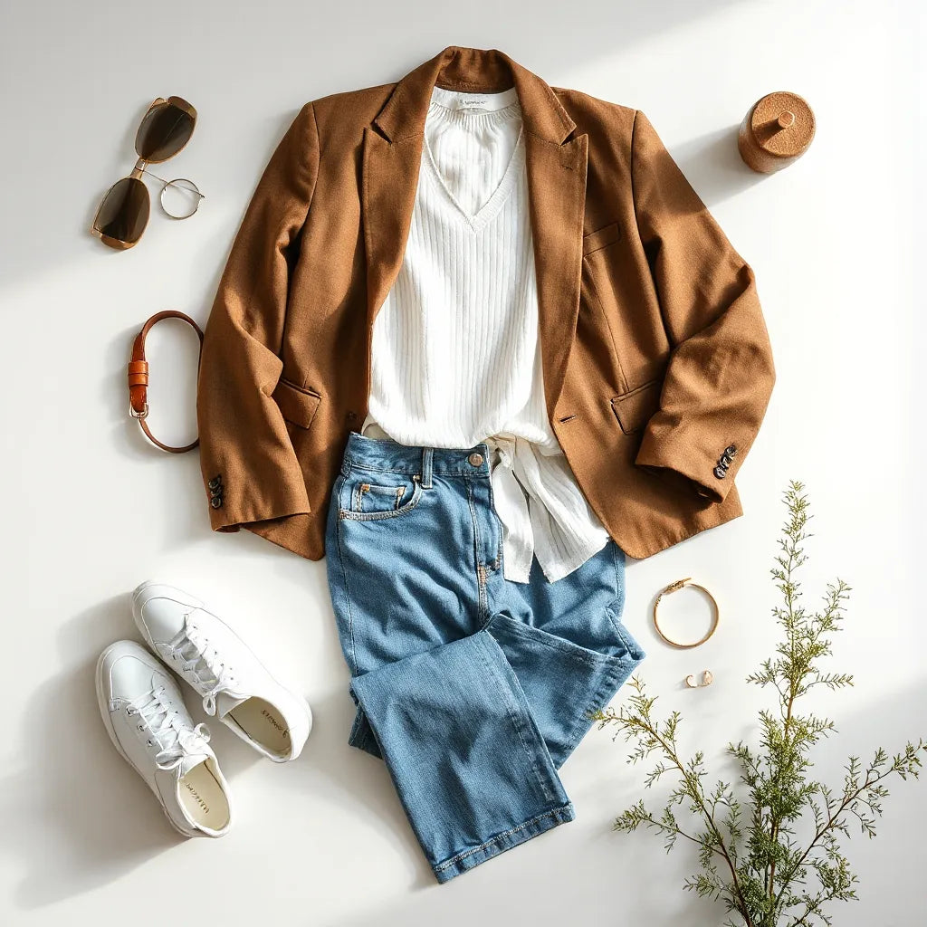 Neutrally styled flat lay of everyday essentials like a blazer, denim, knit top, sneakers, and minimal jewelry