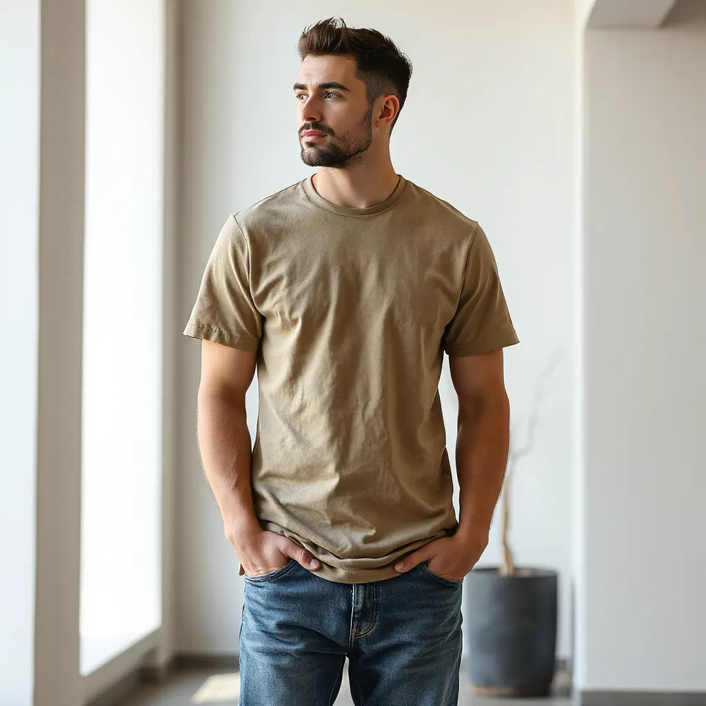 Model wearing a thick heavyweight t-shirt with visible fabric texture in soft natural light