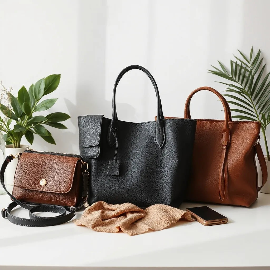 Three stylish women’s bags in neutral tones on a clean tabletop with soft natural light