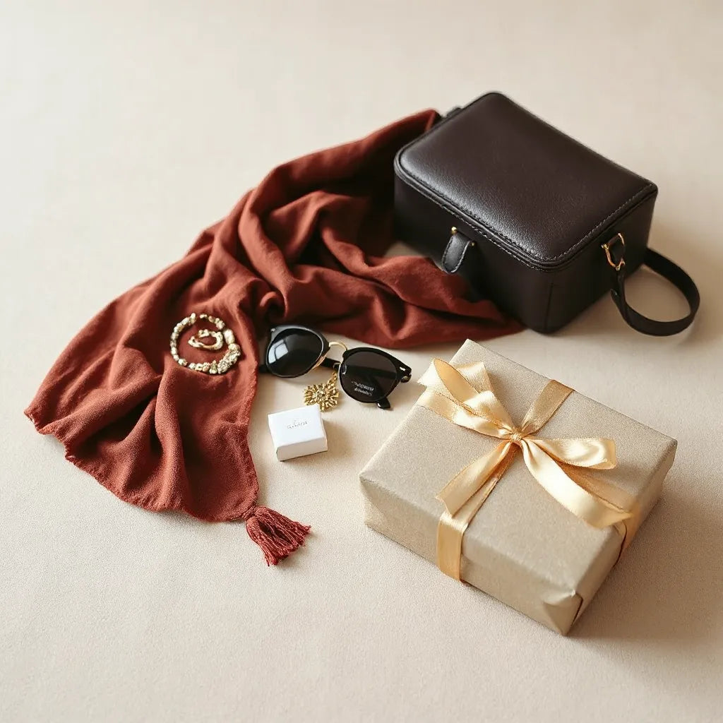 Neatly arranged scarf, jewelry, sunglasses, and a crossbody bag with a small wrapped gift on a neutral table