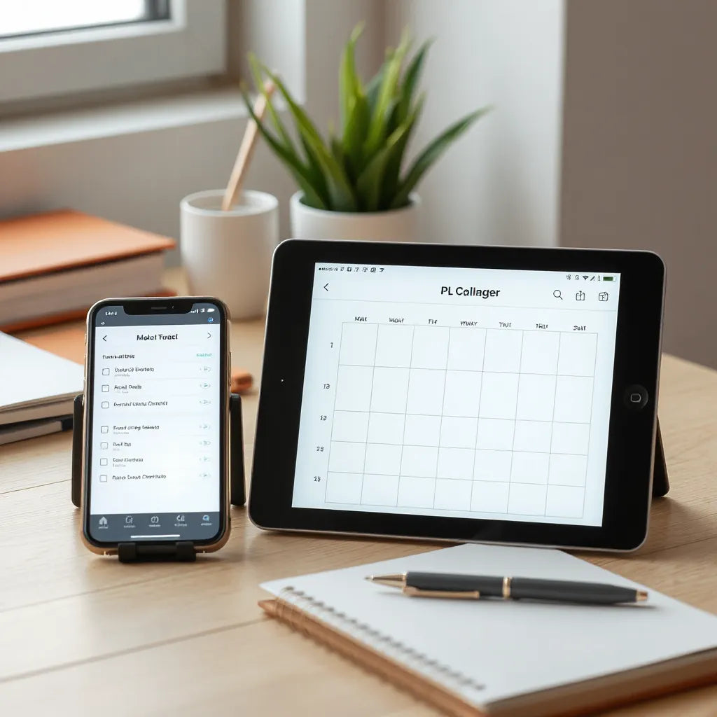 Tablet and phone on a tidy desk showing a simple digital task and calendar planner