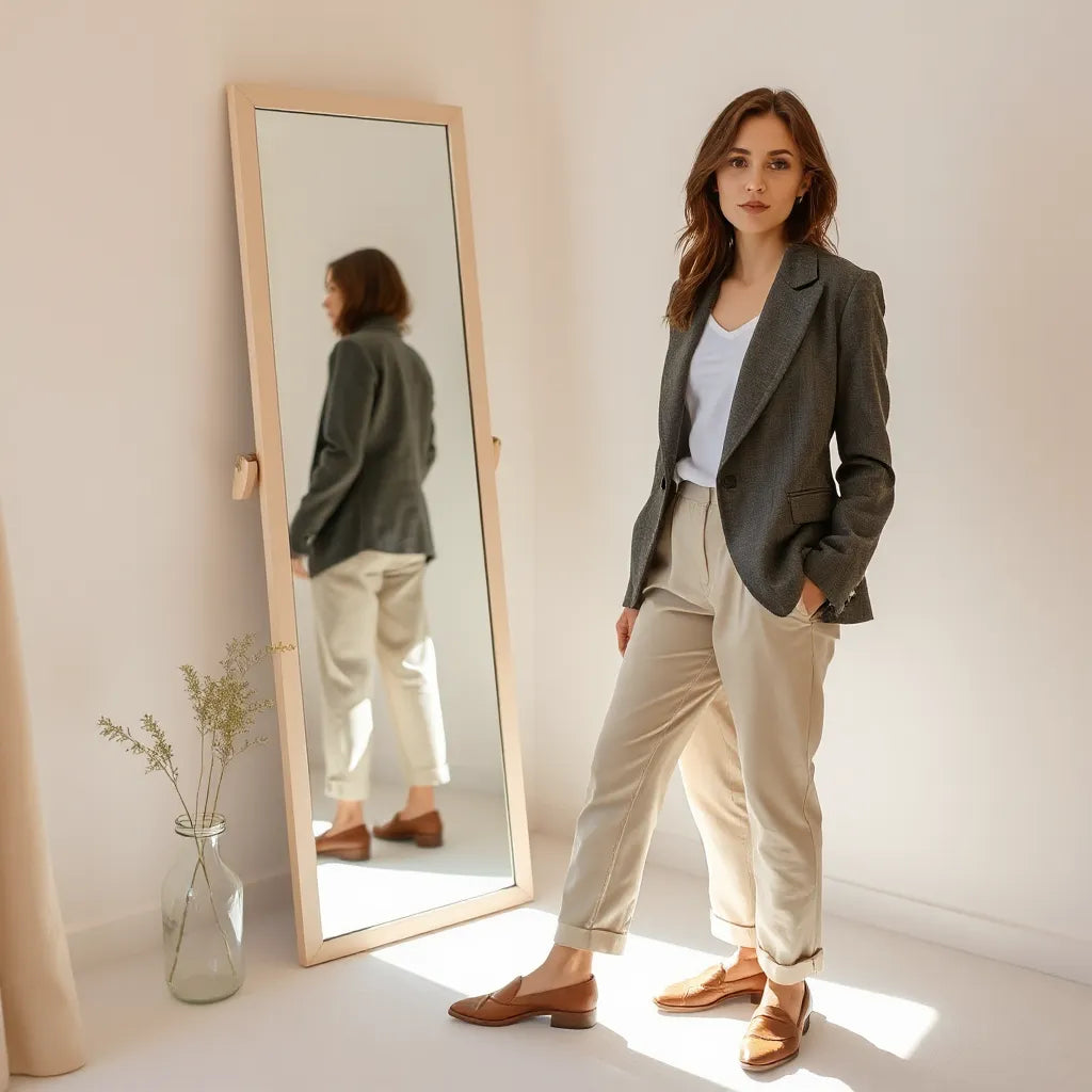 Confident woman in a fitted blazer and tailored pants in a bright, minimal dressing room