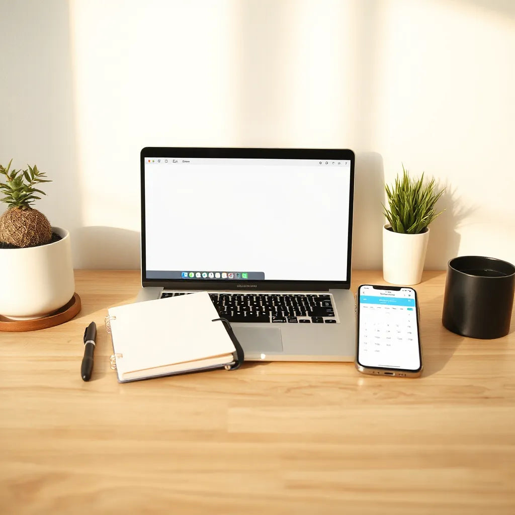 Minimal entrepreneur desk with laptop showing a clean productivity workspace layout