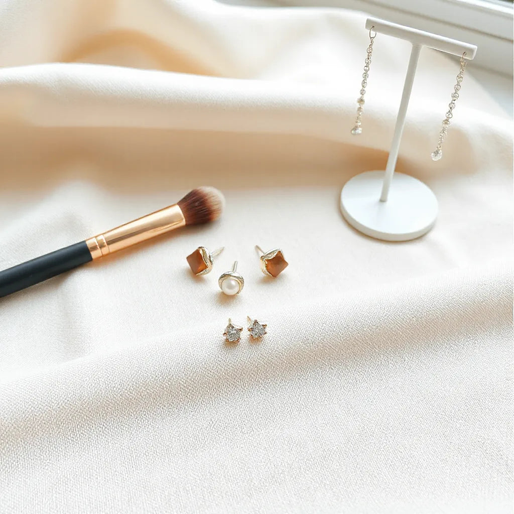Elegant stud and drop earrings arranged on neutral fabric under soft natural light