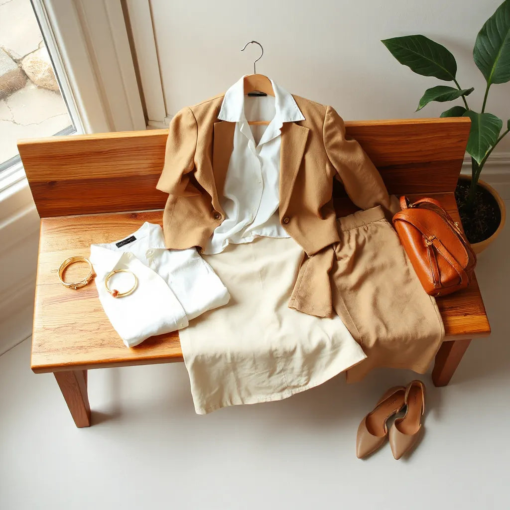 Curated women’s outfit styled with blazer, blouse, trousers, handbag, and subtle jewelry on a bench