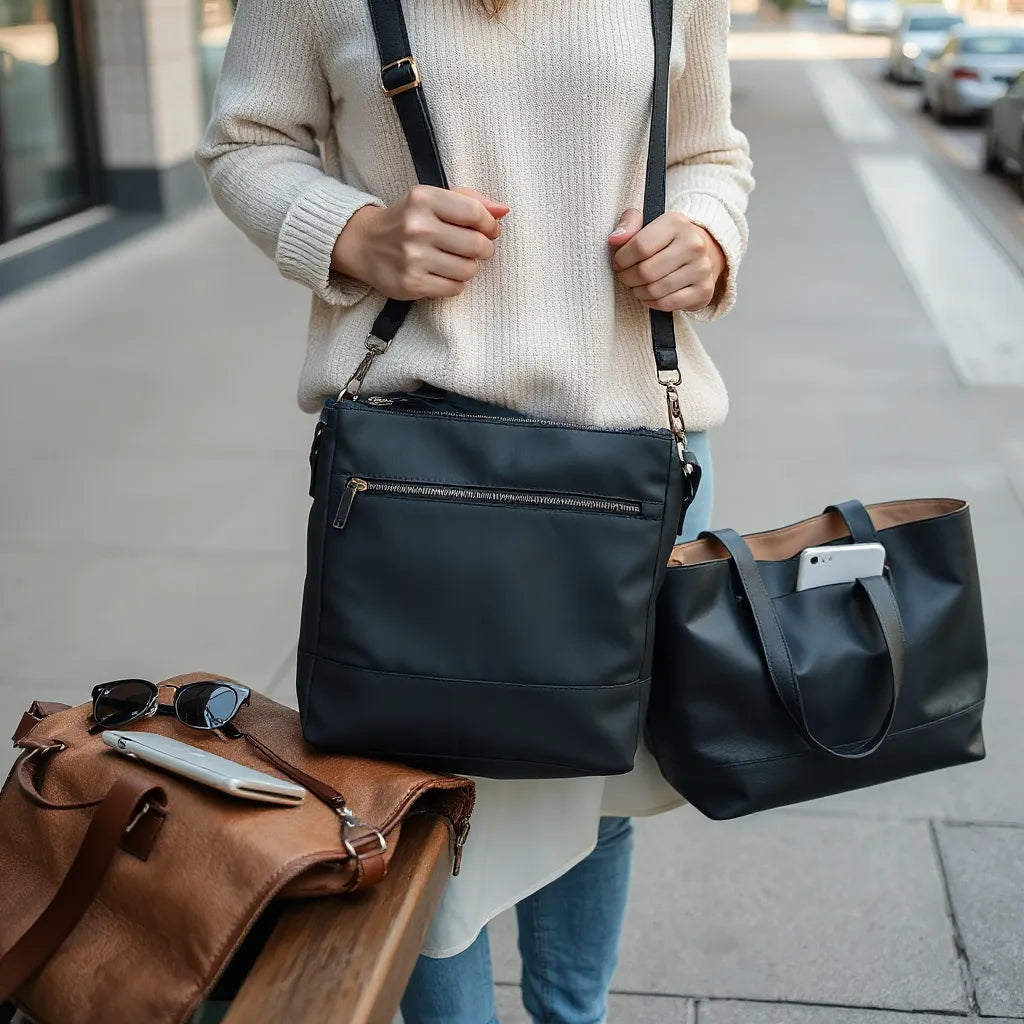 Three everyday bags in neutral tones with items like sunglasses and a phone nearby