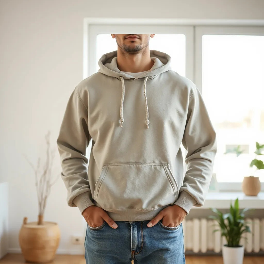 Person wearing a lightweight, breathable hoodie in neutral tones in a bright, uncluttered room