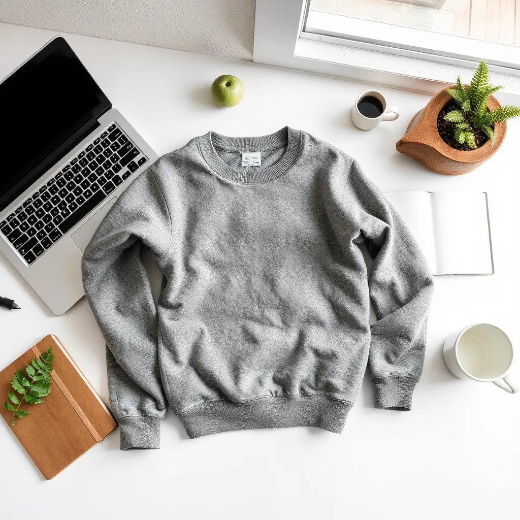 Crewneck sweatshirt on a desk next to a laptop and mug in a modern workspace.