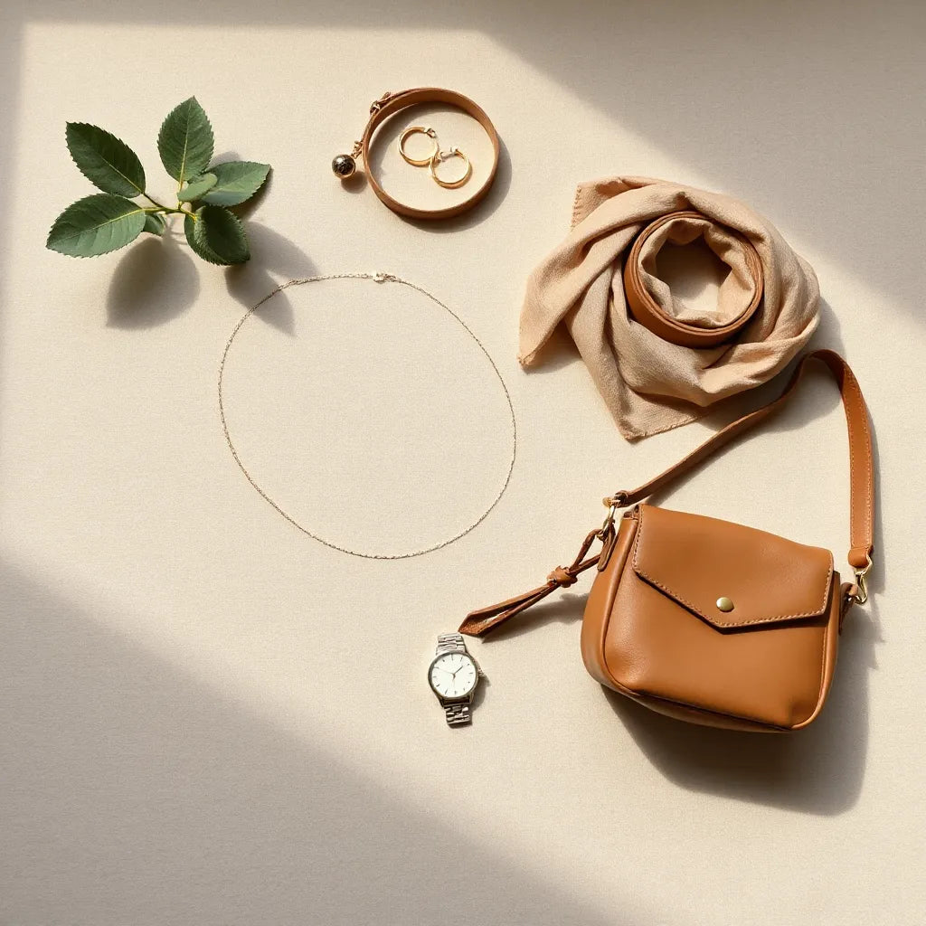 Necklace, earrings, belt, scarf, watch, and crossbody bag arranged on a neutral fabric backdrop