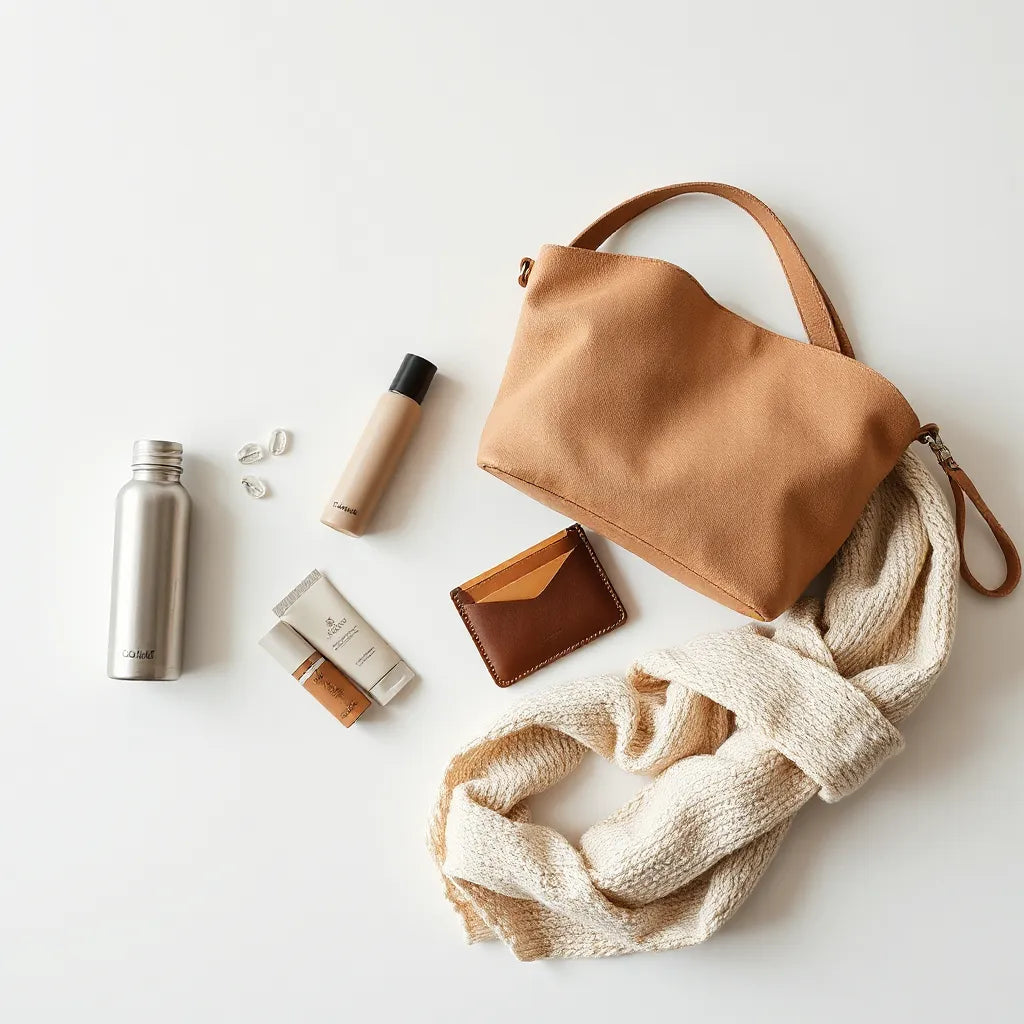 Minimalist everyday essentials arranged neatly: tote bag, water bottle, cardholder, socks, scarf, and skincare items