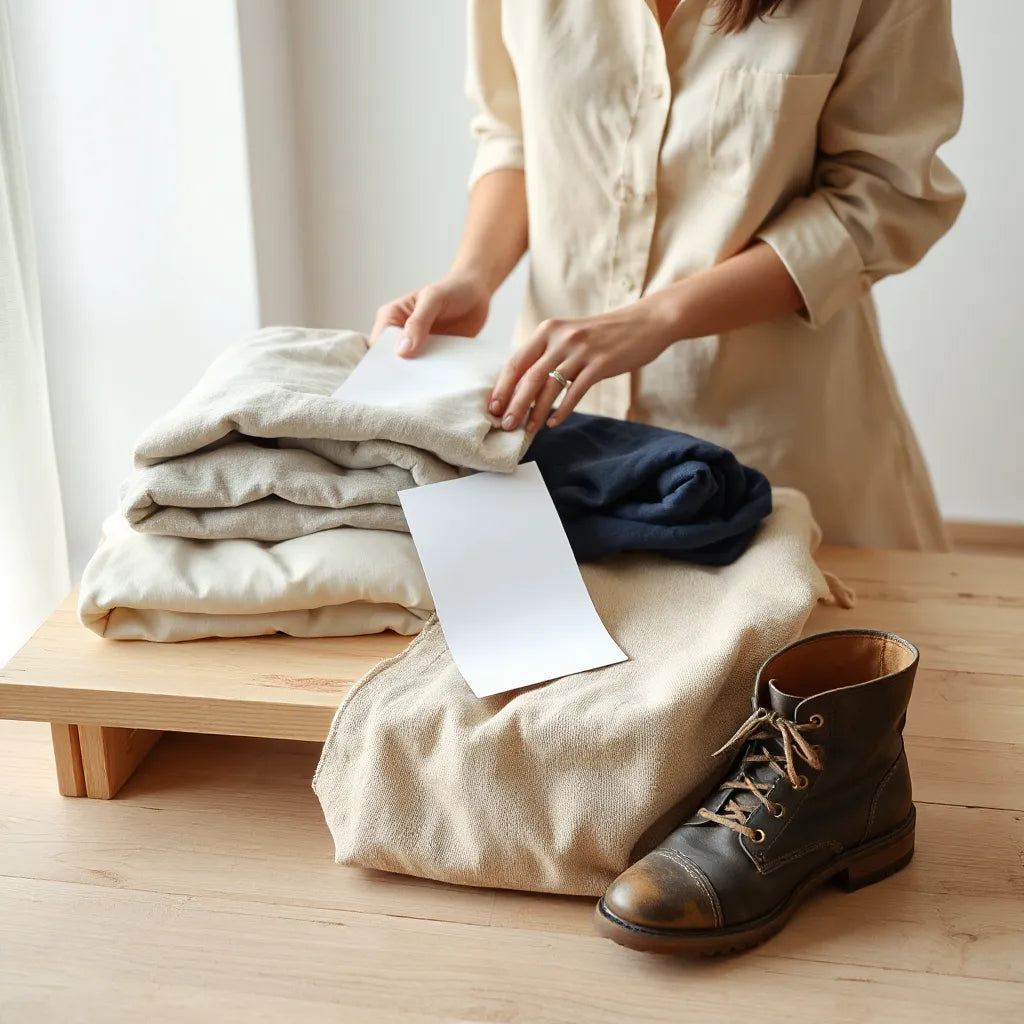 Person sorting folded clothes and fabric swatches on a light wood table in soft natural light