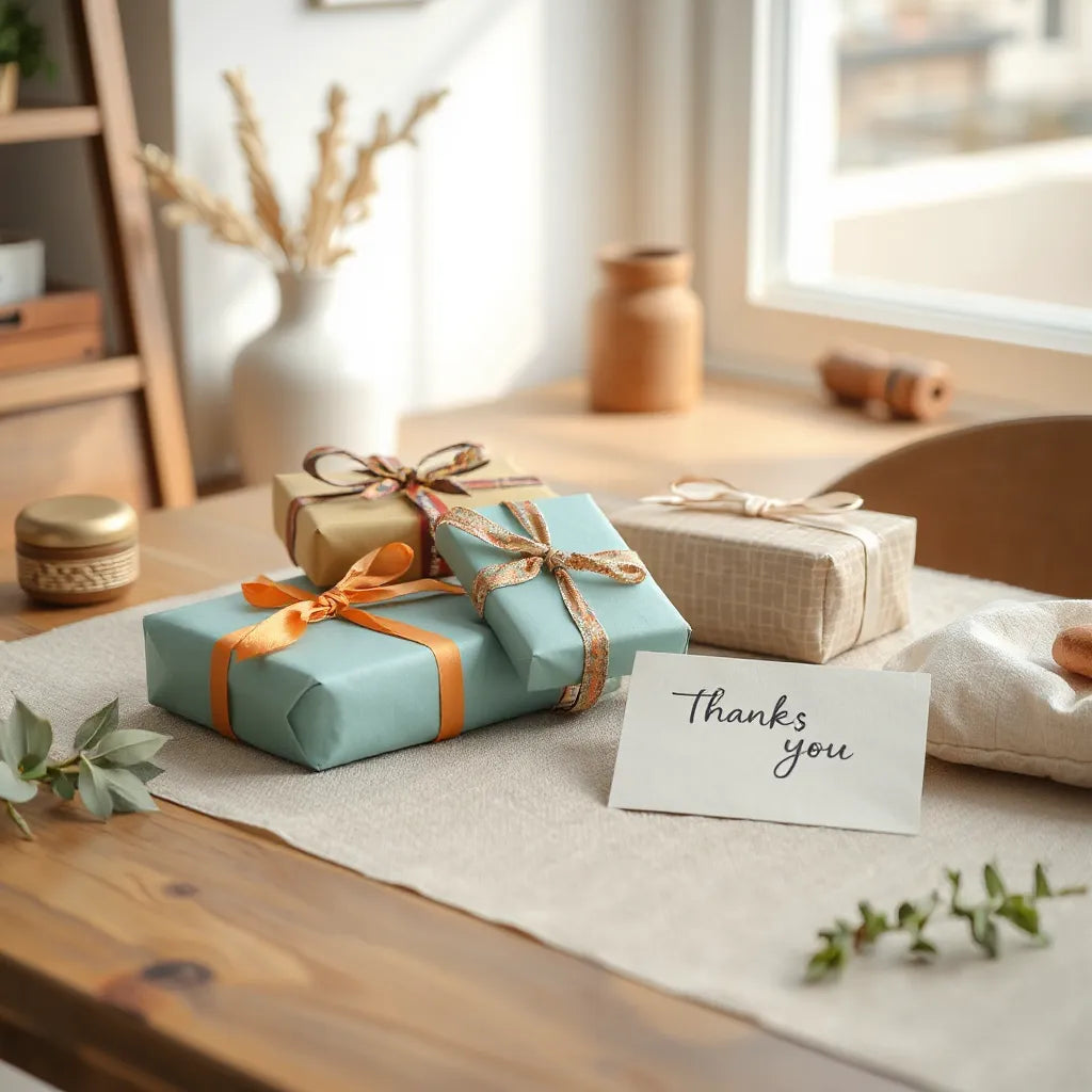 Wrapped birthday and thank-you gifts with ribbons and a partially visible card on a tidy table.