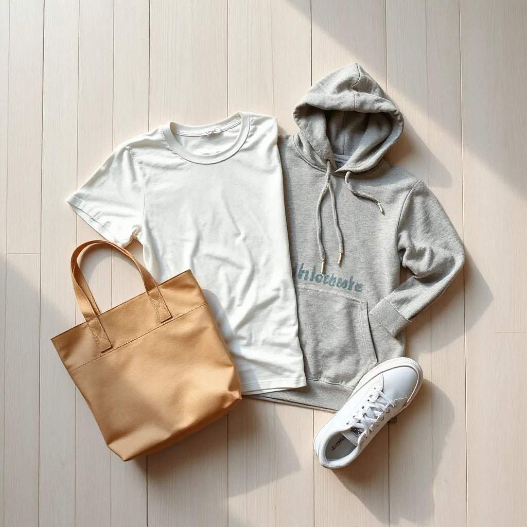 Neutral outfit with subtle motivational graphics, hoodie and t-shirt styled on a clean wooden surface