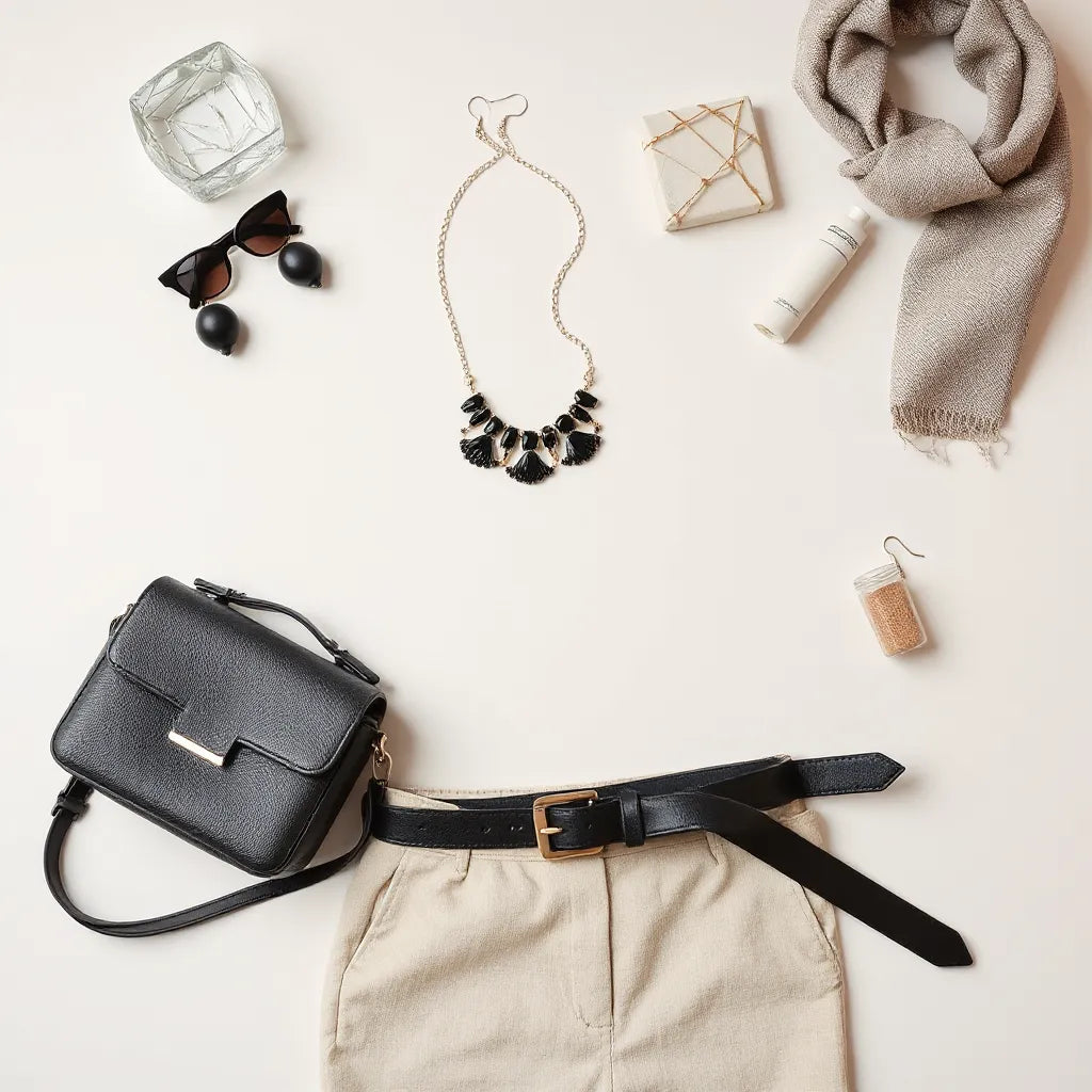 Statement jewelry, mini bag, and belt styled together on a neutral background for a confidence-boosting look