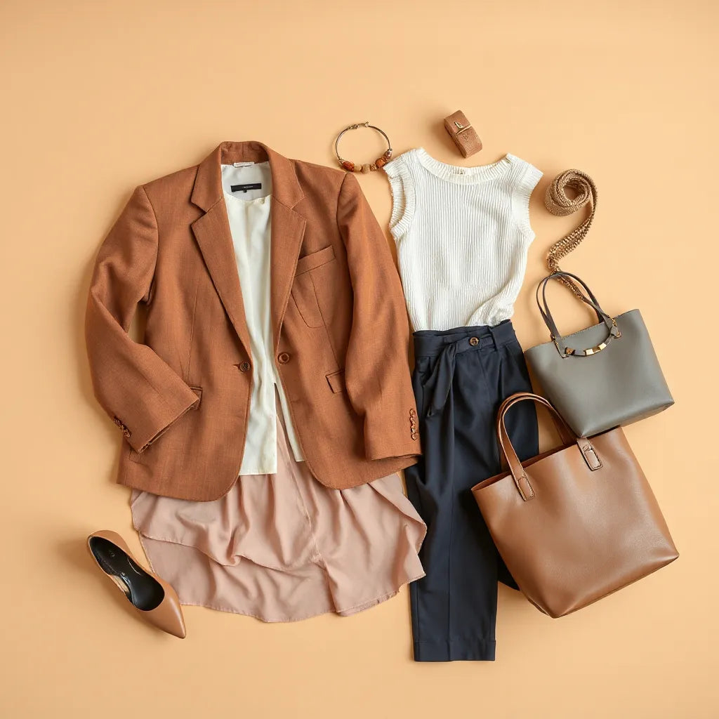 Curated women’s clothing and accessories arranged in complementary neutrals on a clean background