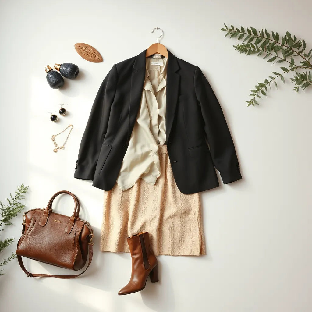 Tailored blazer, silk blouse, midi skirt, cashmere knit, and leather boots arranged in a minimalist luxury setup.