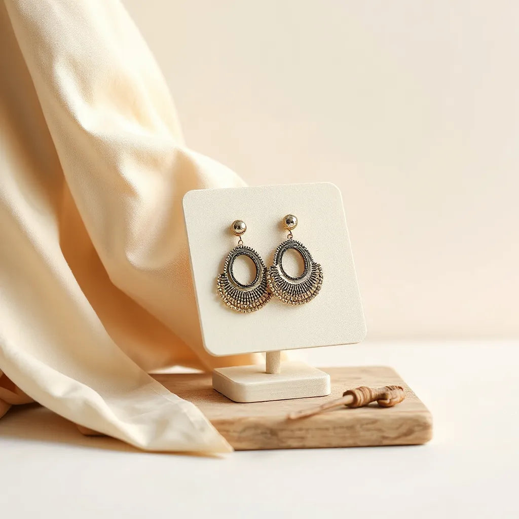 Distinctive statement earrings displayed on a minimal stand with soft fashion styling in the background