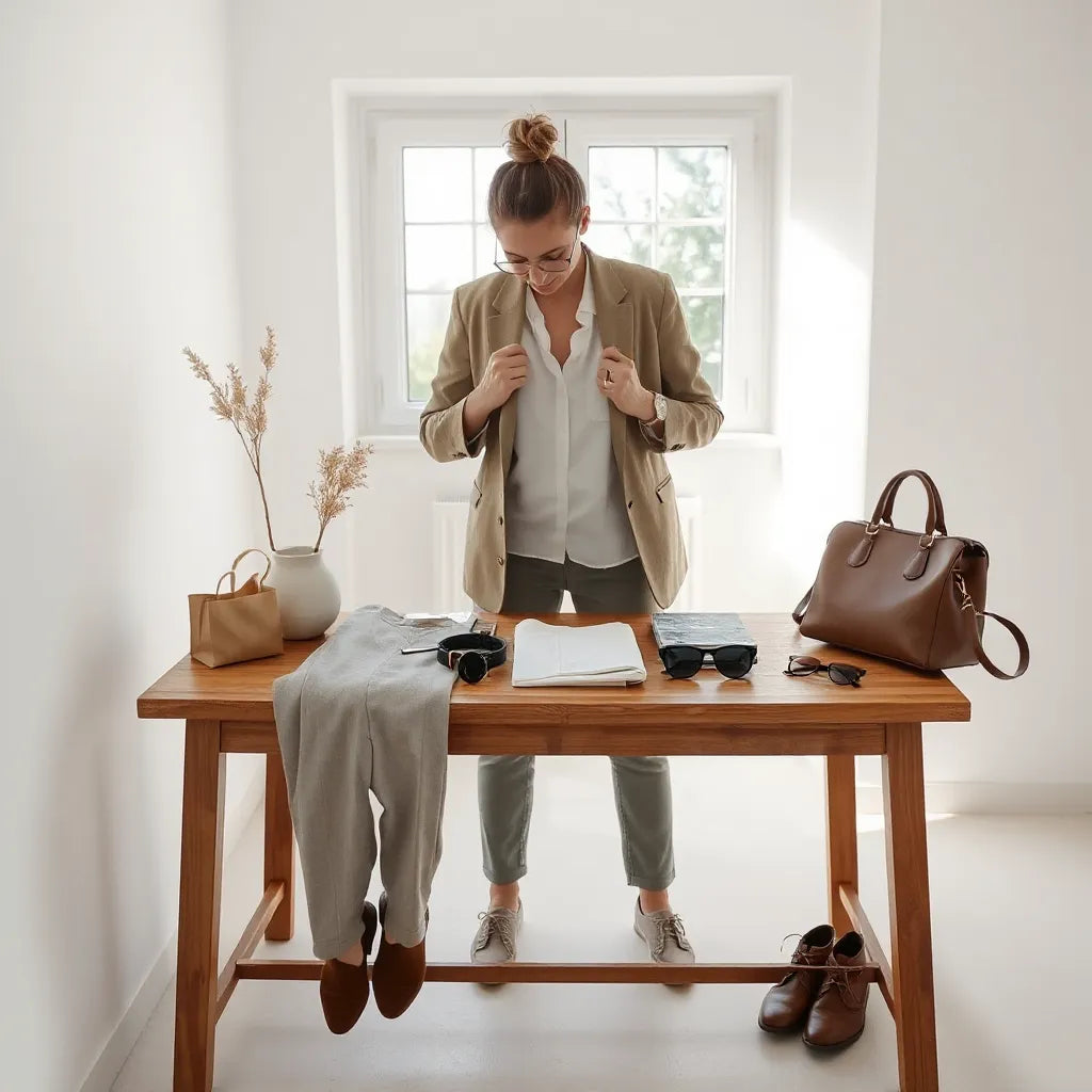 Neatly arranged everyday outfit on a wooden table with blazer, trousers, watch, and handbag in soft natural light