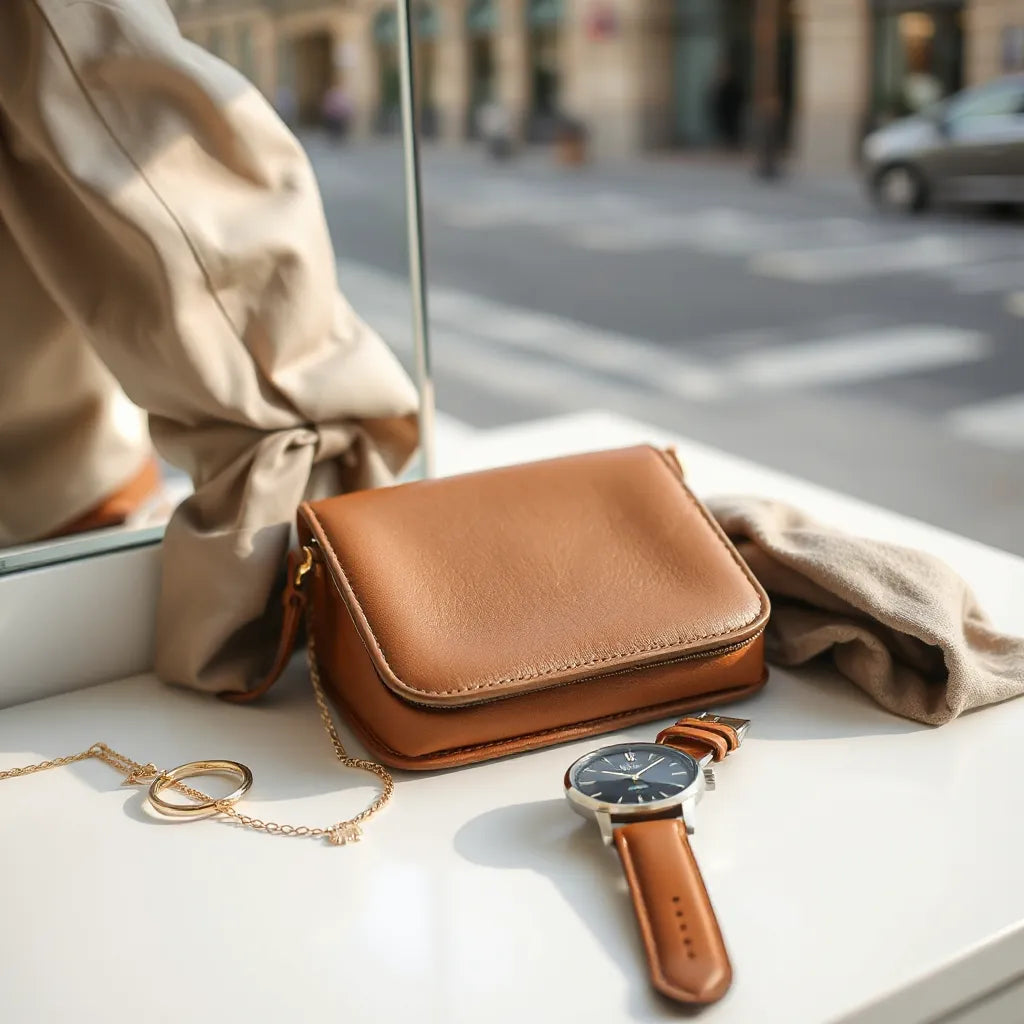 Neatly arranged jewelry and a structured bag on a clean vanity with soft natural light