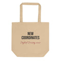 Heavy natural canvas tote bag printed with the words New Coordinates.