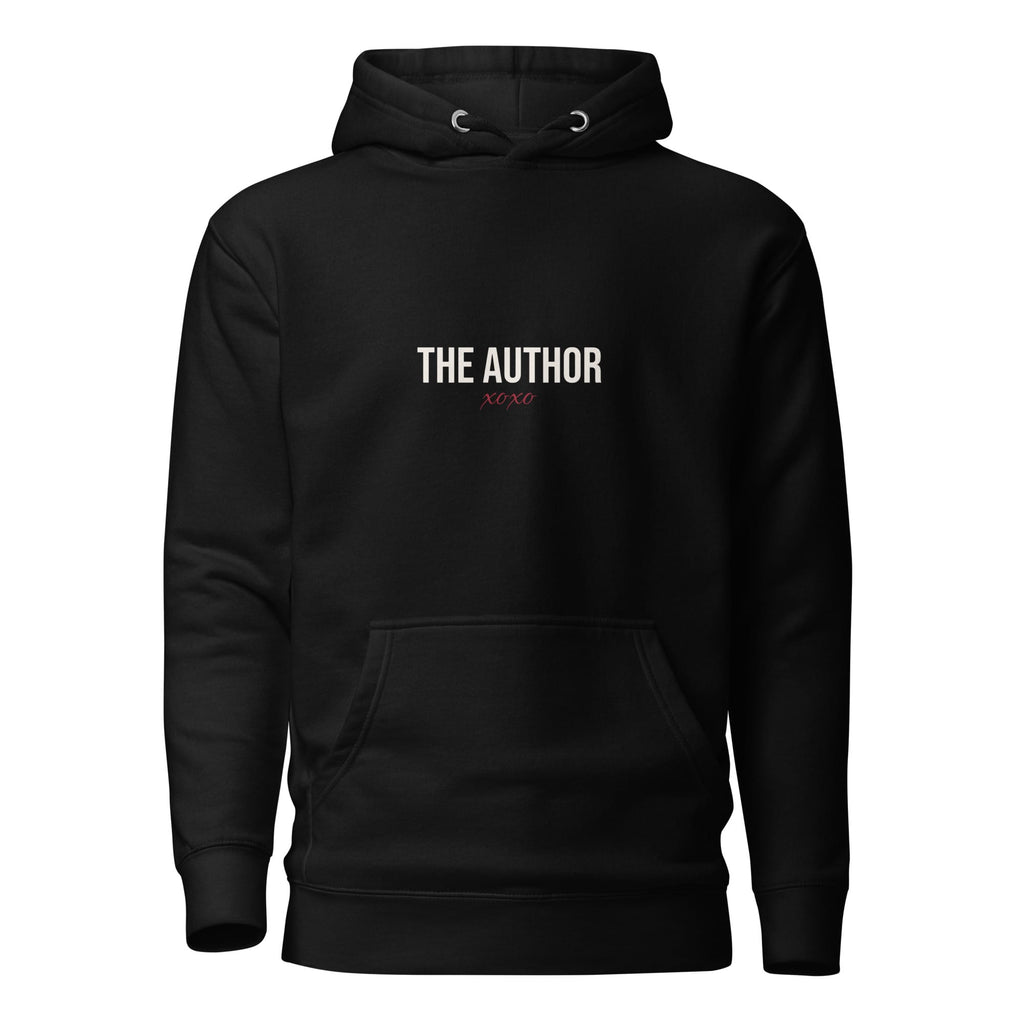 Black pullover hoodie with a drawstring hood and front pocket.